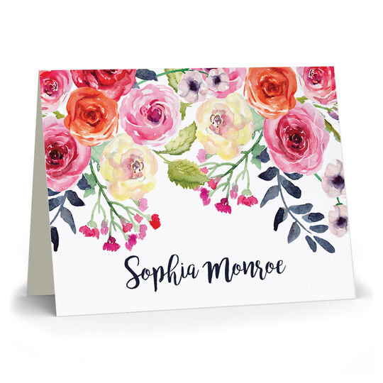 White Watercolor Roses Folded Note Cards